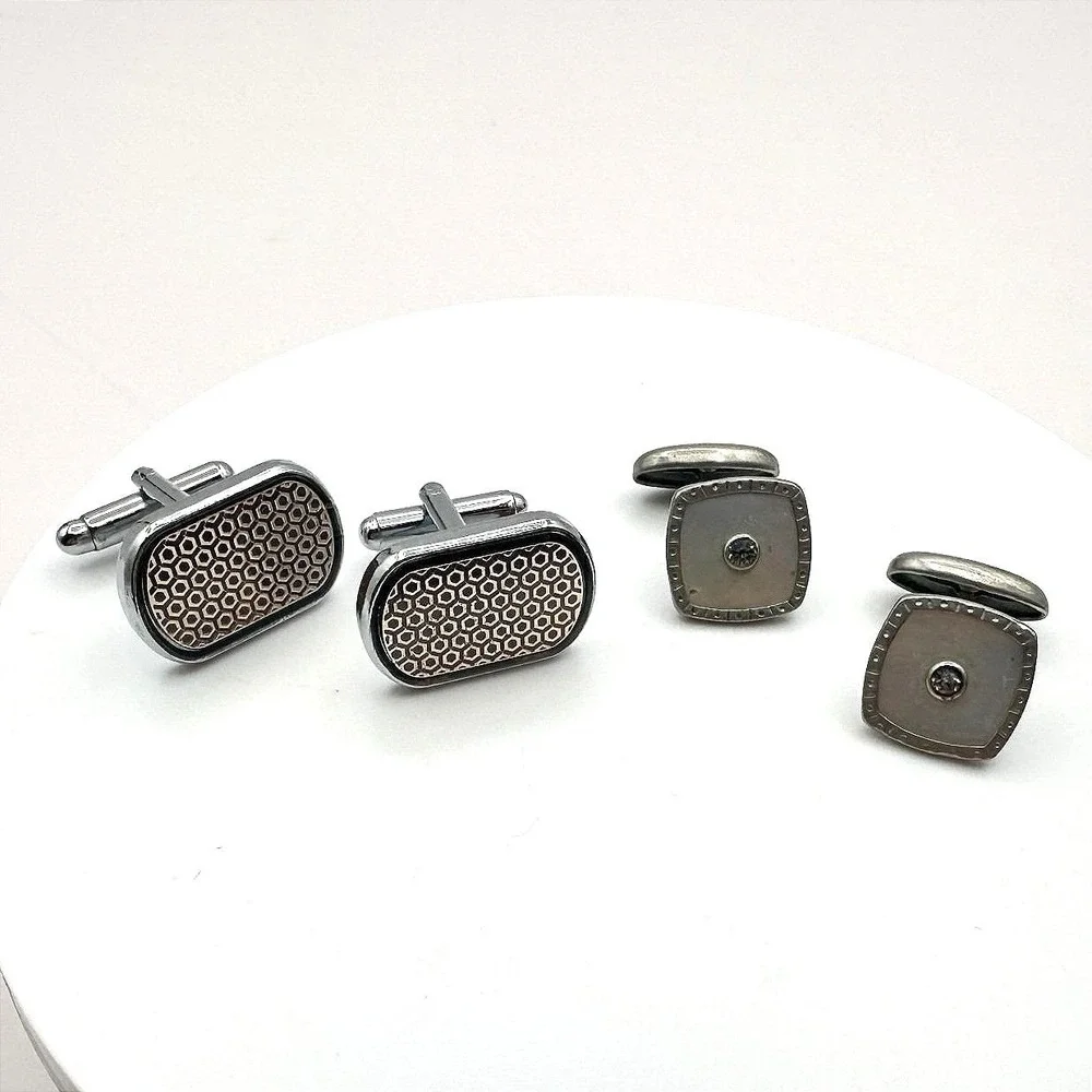 Vintage 80s Silver Tone Cufflink Set Glass Geometric Honeycomb‎ Fashion Jewelry